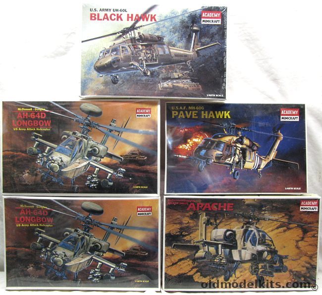 Academy 1/48 2148 UH-60L Black Hawk / 2139 MH-60G Pave Hawk / (2) 2125 AH-64D Longbow / 2115 AH-64A MISP Apache plastic model kit